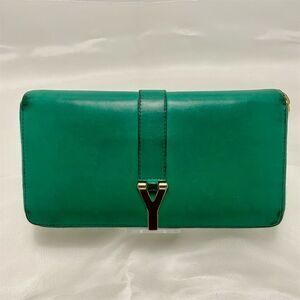 Saint Laurent Y Calfskin Leather Wallet Emerald Green Gold Hardware